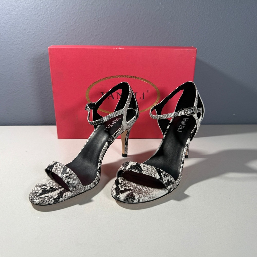 Vaneli Womens Snakeskin Embossed‎ Leather Ankle Strap Stiletto Sandals Size 8
